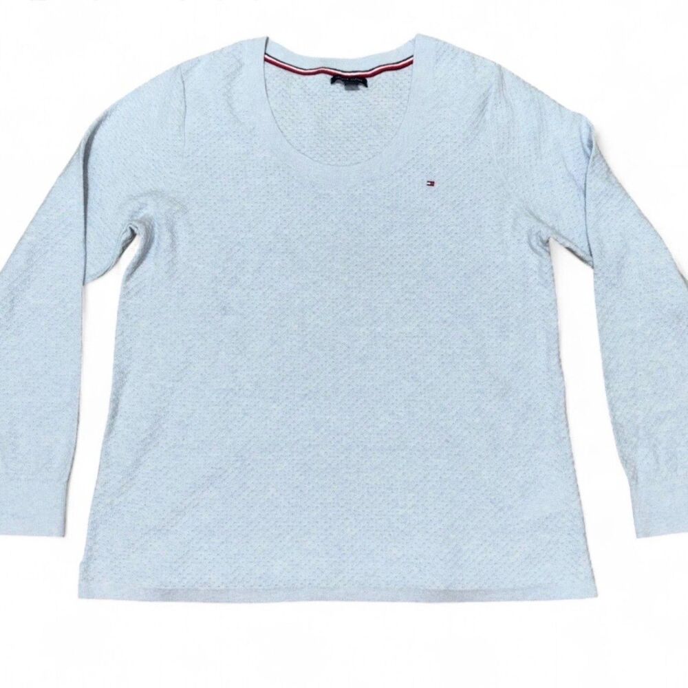 y2K Tommy Hilfiger Baby Blue Waffle Knit Sweater Women's L 100% Cotton - Picture 8 of 8